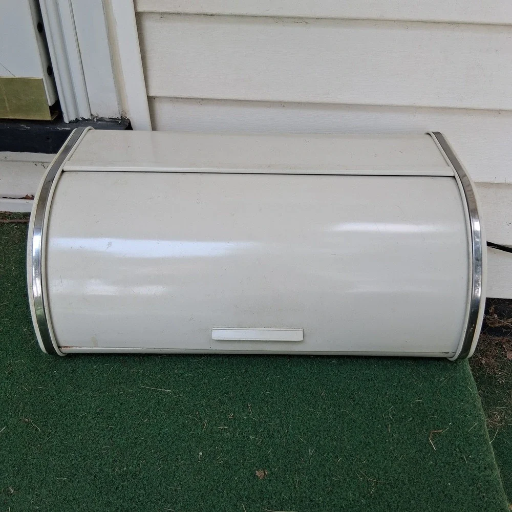 Vintage MCM Metal White Enamel Chrome Rolltop Bread Box Rockabilly Shabby